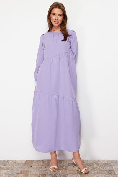 Trendyol Modest فستان منسوج من القطن ذو قصة واسعة بتفاصيل رباط أرجواني TCTSS21EL3470