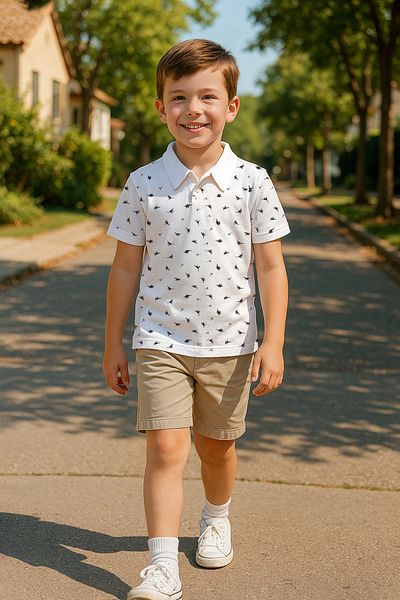 TRENDYOLKIDS Ecru Boys 100% bavlna Potištěné Polo límec Krátký rukáv Pletené tričko TKDSS25TS00082
