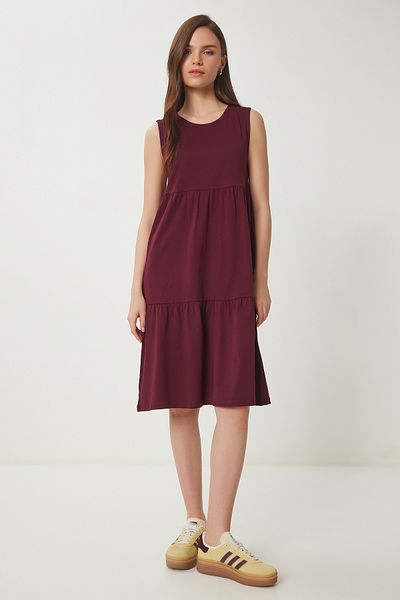 Happiness İstanbul Ärmelloses Basic-Sommer-Strickkleid für Damen in Burgunderrot CR00479