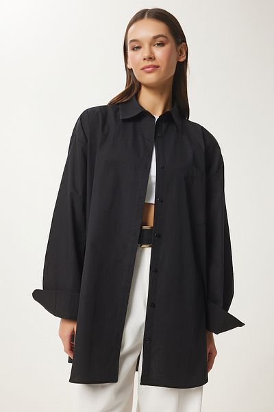 Happiness İstanbul Women's Black Oversize Long Woven Shirt Bp00167