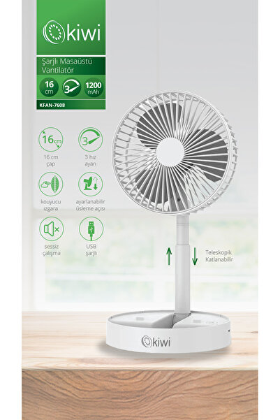Kiwi Kfan-7608 Şarjlı Beyaz Katlanılabilir Mini Fan Masa Üstü Vantilatörü Usb Soğutucu Sessiz El Fanı