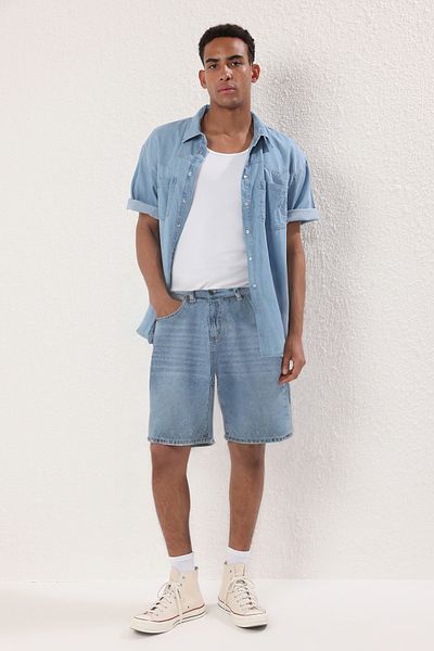 Trendyol Collection Modré Baggy Denim Jeans šortky Tmnss25Sr00031