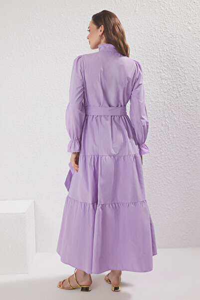 Trendyol Modest Lilac Gold Ribbon Bow Accessory Button Cotton Woven Dress Tctss25Eb00100