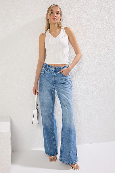 Trendyol Collection Bone Crop Polo límec žebrovaný úplet tenká halenka TWOSS25BZ00296