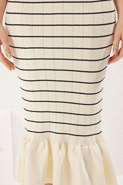 Trendyol Collection Bone Stripes Midi Striped Hem Flounces Knitwear Dress Twoss25El00502