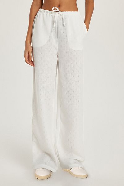 Tudors Women's Relax Fit Elastic Waist Tie Palazzo Wide Leg Ecru Trousers