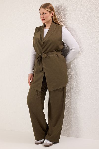 Trendyol Modest Khaki Fitted Linen Look Plain Woven Hijab Top and Bottom Set Tctss25Us00049