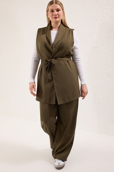 Trendyol Modest Khaki Fitted Linen Look Plain Woven Hijab Top and Bottom Set Tctss25Us00049