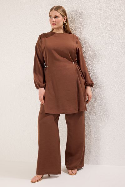 Trendyol Modest Large Size Brown Eyelet Lacing Detailed Aerobin Tunic-Pants Suit Tctss25Us00047