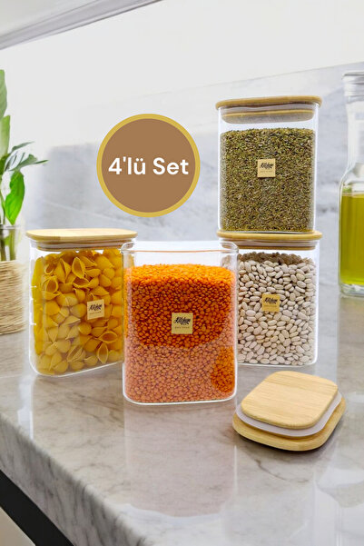 Kitchen Way Bambu Conta Kapaklı 4 Lü Cam Kavanoz Set 800ML Borosilikat Bahara...