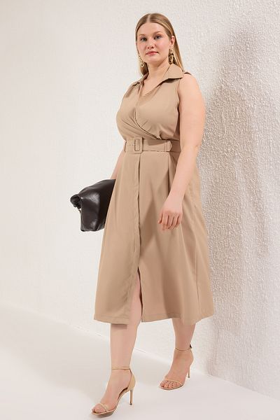 Trendyol Curve Beige Gabardine Woven Plus Size Dress