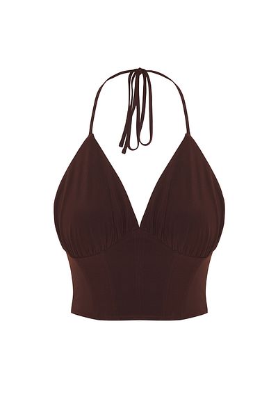 Trendyol Collection Braunes gewebtes Bustier mit V-Ausschnitt TPRSS25BS00021