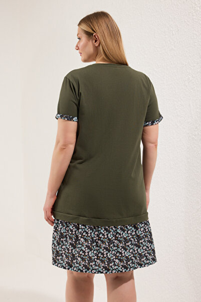 Trendyol Curve Χακί μανίκι και λουλουδάτο στάμπα πλεκτό φόρεμα μεγάλου μεγέθους TBBSS25AH00190