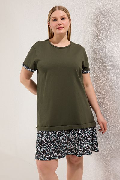 Trendyol Curve Khaki színű ujjú és szegélyvonali virágmintás kötött nagy méretű ruha TBBSS25AH00190