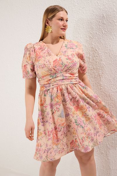 Trendyol Curve Floral V-Neck Balloon Sleeve Woven Plus Size Dress