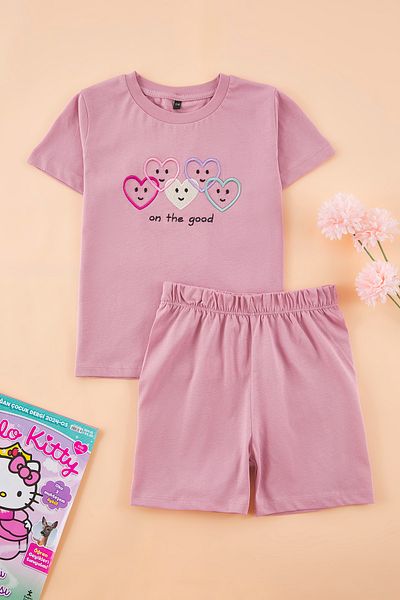 TRENDYOLKIDS Rose Dry Girl's 100% Baumwolle Herz Stickerei Kurzarm gestrickte Bottom-Top-Anzug TKDSS25AU00147
