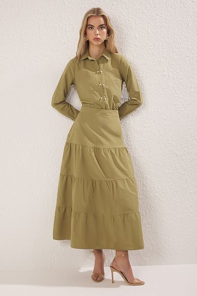 Trendyol Modest Khaki Button Detailed Cotton Shirt Skirt Woven Bottom-Top Suit Tctss25Us00019