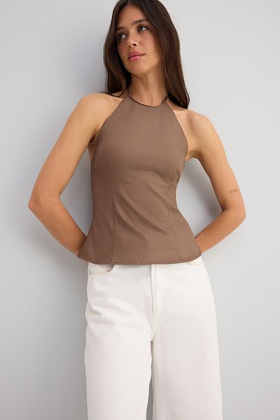Trendyol Collection Светлокафява памучна тънка габардин плетена блуза с халтер деколте TWOSS25BZ00536