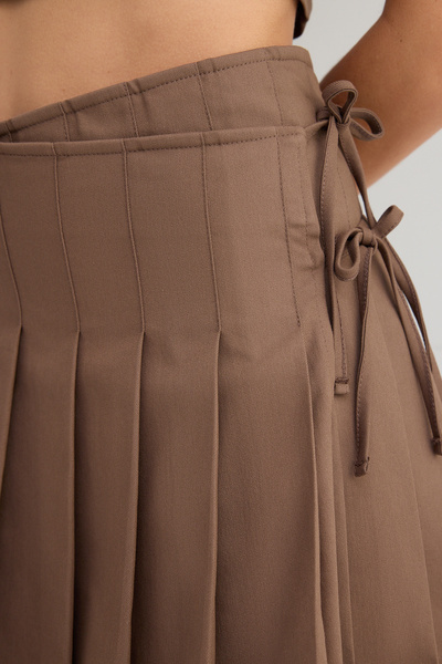 Trendyol Collection Light Brown Pleated Double Breasted Skirted Bow Crop Blouse Cotton Double Bottom Top Set Twoss25Au00111