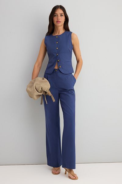Trendyol Collection Indigo Gabardine 100% Cotton Vest Wide Leg Pants Woven Double Bottom-Top Set Twoss25Au00112