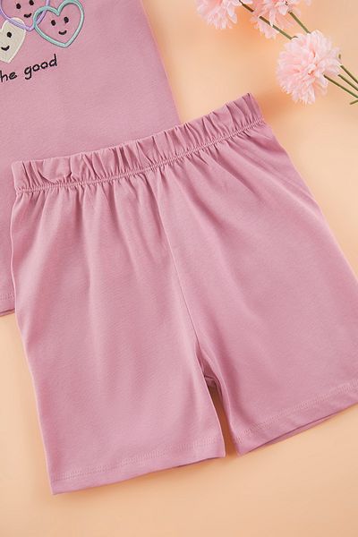 TRENDYOLKIDS Rose Dry Girl's 100% Baumwolle Herz Stickerei Kurzarm gestrickte Bottom-Top-Anzug TKDSS25AU00147