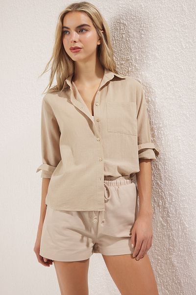 Trendyol Collection Mink Cotton Blended Linen Look Oversize Wide Fit Woven Shirt Twoss25Go00096