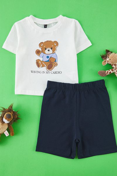 TRENDYOLKIDS Ecru Baby Boy 100% Cotton Teddy Bear Printed Short Sleeve Knitted Bottom-Top Set Tkdss25Au00156