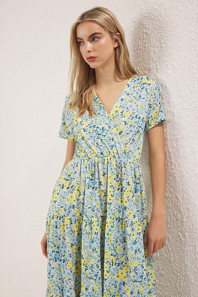 Trendyol Collection Rochie tricotată midi cu imprimeu floral galben, cu două piepturi, elastică, cu deschidere la talie TWOSS24EL00417