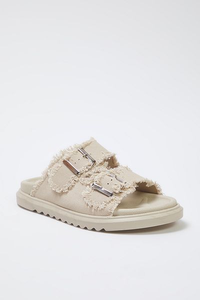 TRENDYOL SHOES Ecru Denim Damen-Hausschuhe mit Quastenschnalle und detailliertem Doppelband TAKSS25TE00038