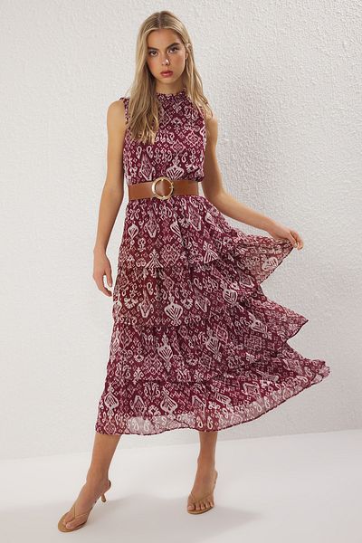 Trendyol Collection Fusta etnică cu centură burgundă Rochie maxi țesătă cu deschidere în talie TWOSS25EL00817