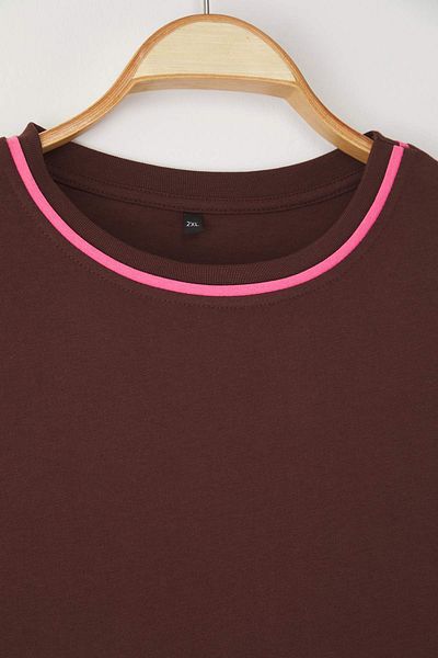 Trendyol Curve Brown Crew Neck T-Shirt, Detailed Basic and Large Size