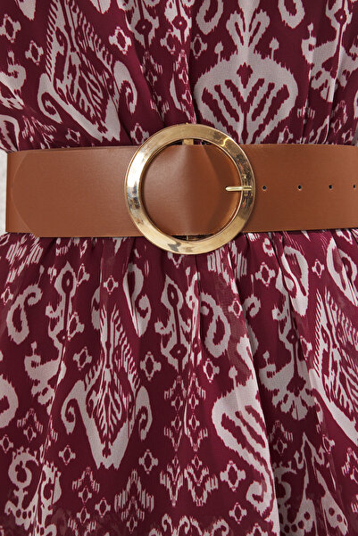 Trendyol Collection Burgundy Belted Ethnic Skirt Waist Open Maxi Woven Dress Twoss25El00817