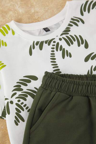 TRENDYOLKIDS Khaki férfi gyermek 100% pamut tenyér mintás póló-rövidnadrág kötött alsó-felső szett TKDSS24AU00022