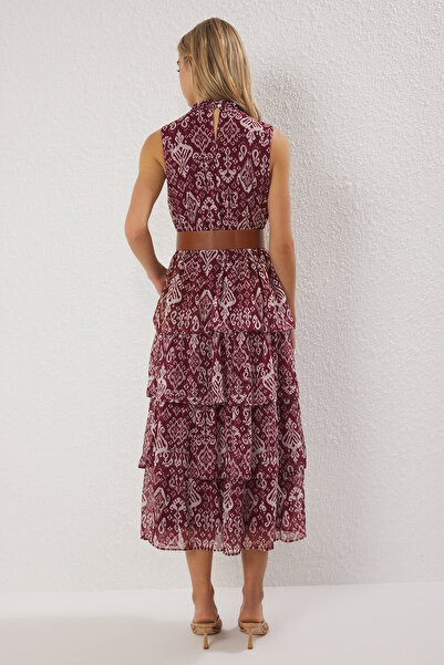 Trendyol Collection Burgundy Belted Ethnic Skirt Waist Open Maxi Woven Dress Twoss25El00817