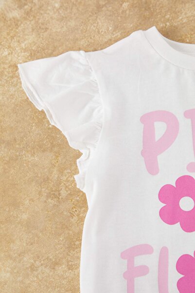 TRENDYOLKIDS Ecru Girl 100% bavlna s květinovým potiskem Krátký rukáv Sukně Pletená spodní souprava TKDSS25AU00083