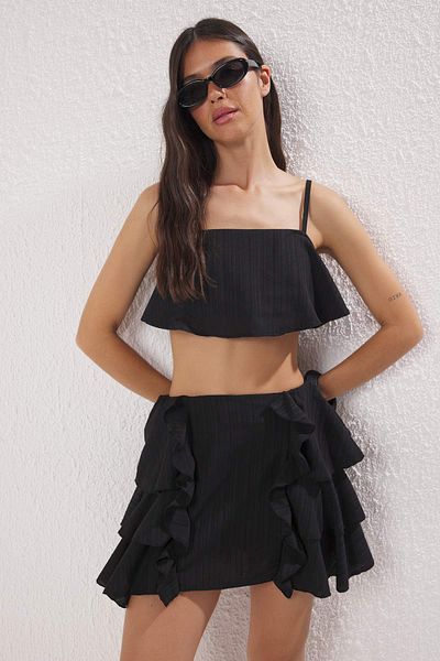 Trendyol Collection Black Woven 100% Cotton Frilly Beach Crop Blouse Skirt Suit Tbess25Au00106