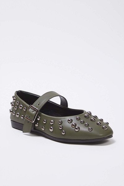 TRENDYOL SHOES Khaki Trok bestickte gebänderte Mandelkappe Mary Jane Damen Babet TAKSS25BE00006