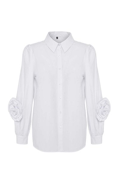 Trendyol Collection Λευκό μονόχρωμο μακρύ τριαντάφυλλο με λεπτομέρεια υφαντό ποπλίνα κομψό/νυχτερινό πουκάμισο