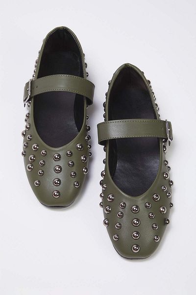 TRENDYOL SHOES Khaki Trok bestickte gebänderte Mandelkappe Mary Jane Damen Babet TAKSS25BE00006
