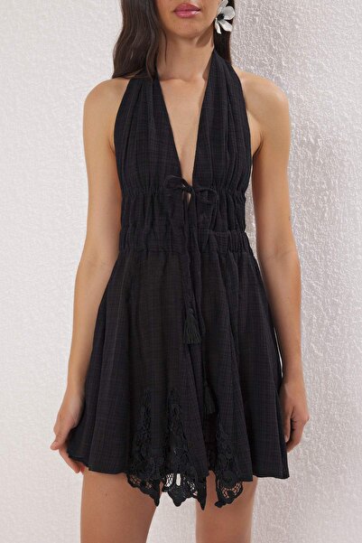 Trendyol Collection Black Midi Woven Lace Linen Look Binding Detailed Beach Dress Tbess25El00056