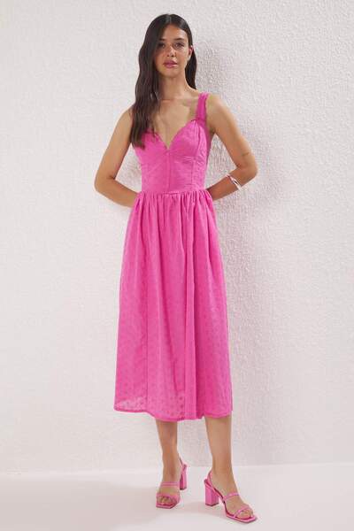 Trendyol Collection Pink Plain Midi Brode Woven Dress Twoss25El00852