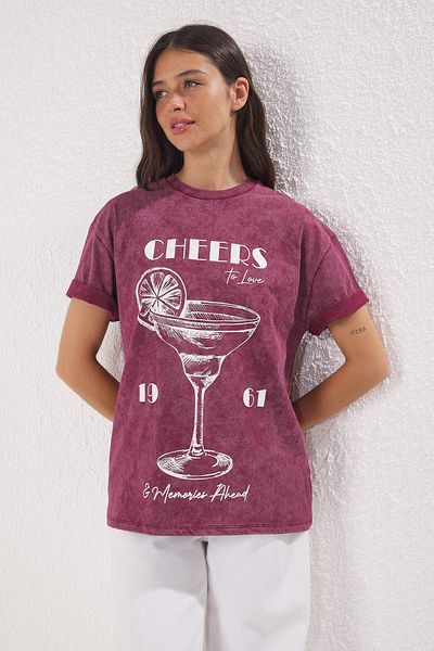 Trendyol Collection Claret Red Printed Oversize/Wide Fit Knitted T-Shirt Twoss25Ts00103