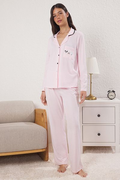 Trendyol Collection Pink Cotton Piping and Pocket Detail Printed Knitted Pajama Set Thmaw22Pt0785