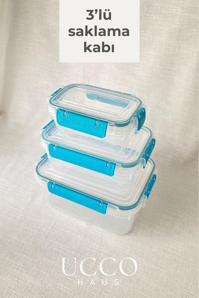 UCCO 3-Piece Lockable Leakproof Storage Container – 375-900-1700 ml with Gasket Microwave and Dishwasher Compatible