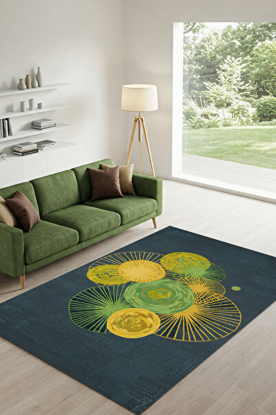 The Reef Design Helezon Yaprak Desenli Yeşil Sarı Halı Figürlü Halı Doğa Temalı Halı Dijital Baskılı Salon Halısı