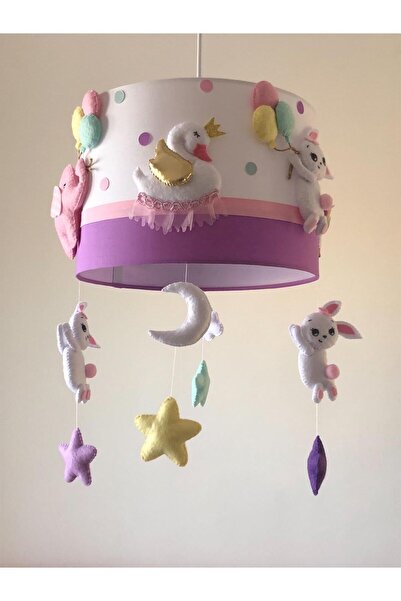 Leobabyroom Beyaz Pembe Lila Renk Kombinli Unicorn Bebek Tavşan Fil Kuğu Zürafa Figürlü Tasarım Avize