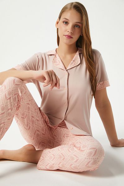 Ritnice Women's Andra Powder Front Buttoned Short Sleeve Bottom Top Pajama Set