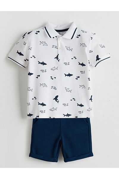 LC Waikiki Lcw Kids Ecru Polo Neck Printed Baby Boy T-Shirt and Shorts 2-Piece Set