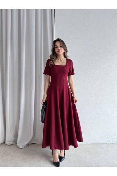 mafdress Women's Burgundy Crepe Fabric Short Sleeve Evening Dress Graduation Dress
