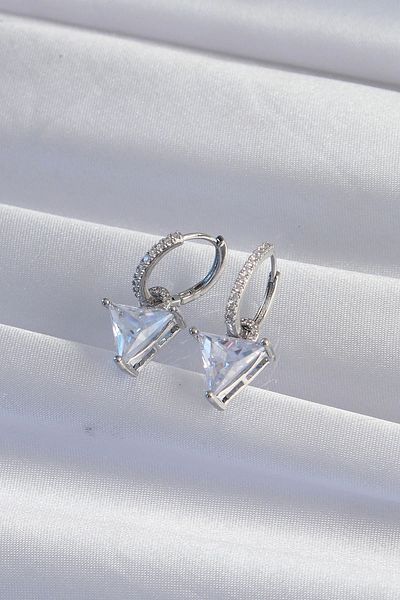 lumossia Brass Silver Color Triangle Zircon Stone Dangle Hoop Earrings